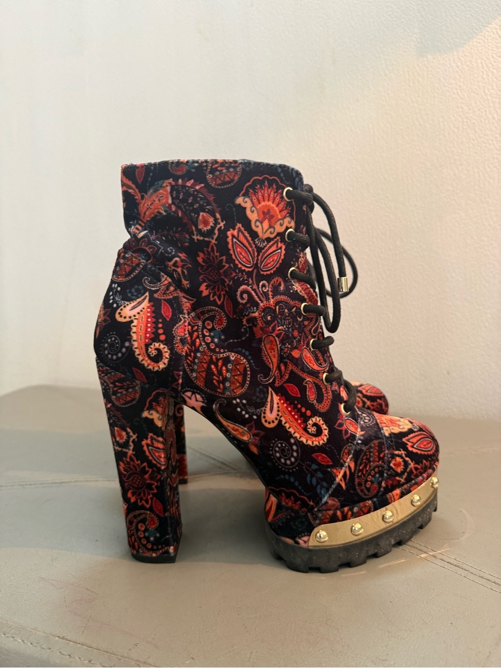 Jessica Simpson Paisley Lace-Up Platform Ankle Boots - Black, Red & Orange - Picture 2 of 5